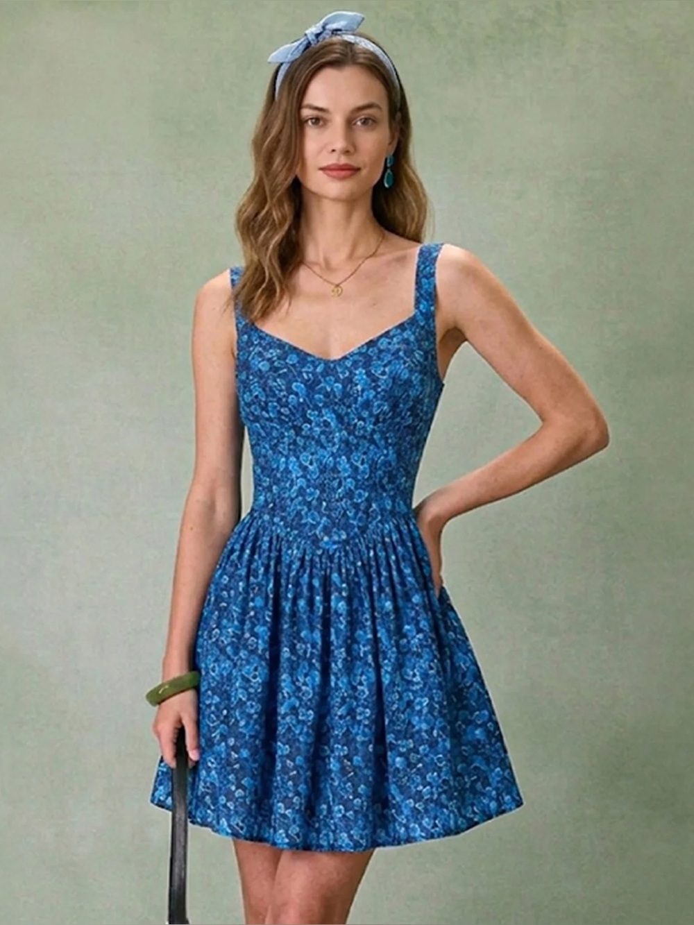 Rihoas Blue Floral U-Neck Shirred Mini Dress